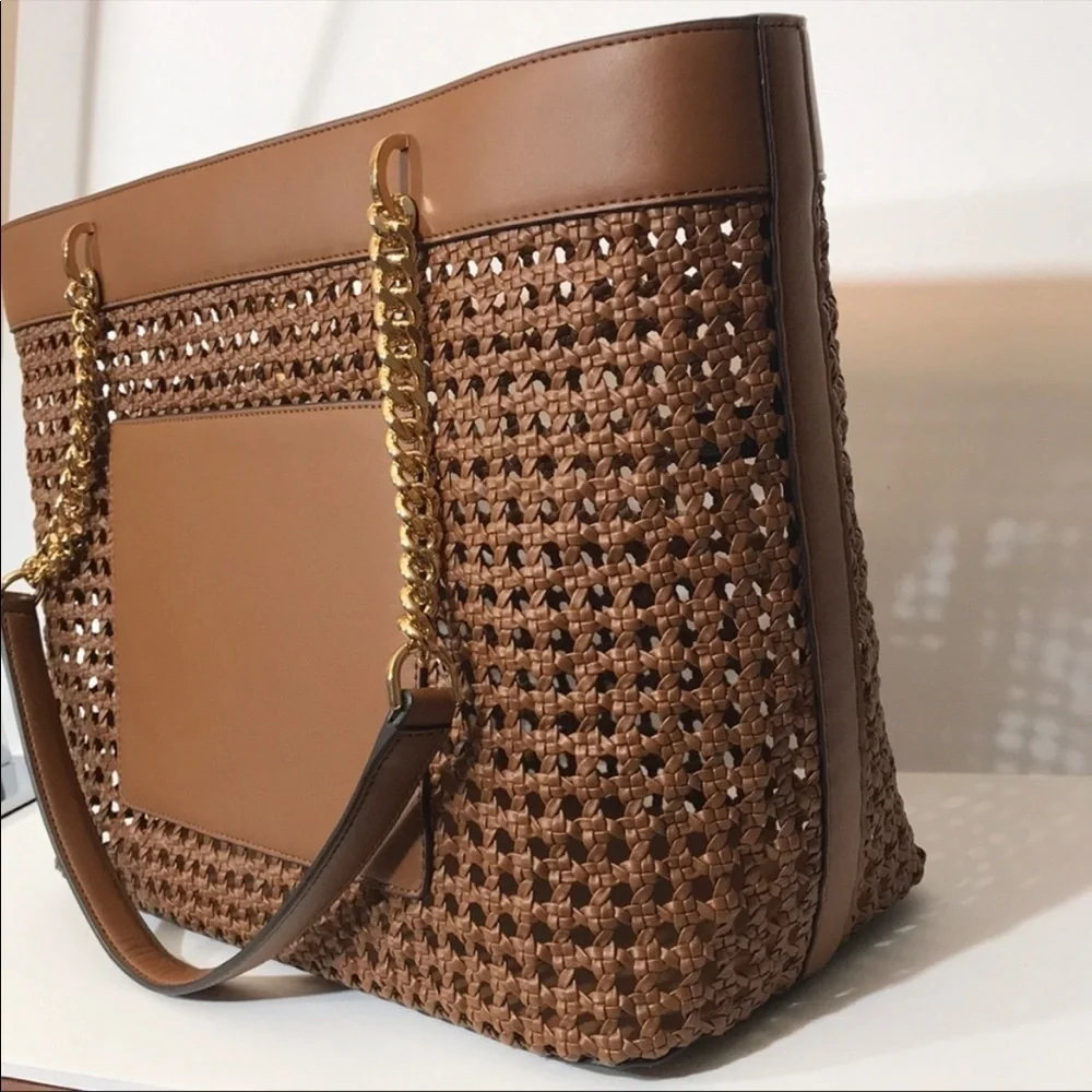 Michael Kors Large woven braided leather tote shoulder bag chain straps